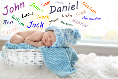 Image of Choosing name for baby boy. Adorable newborn sleeping