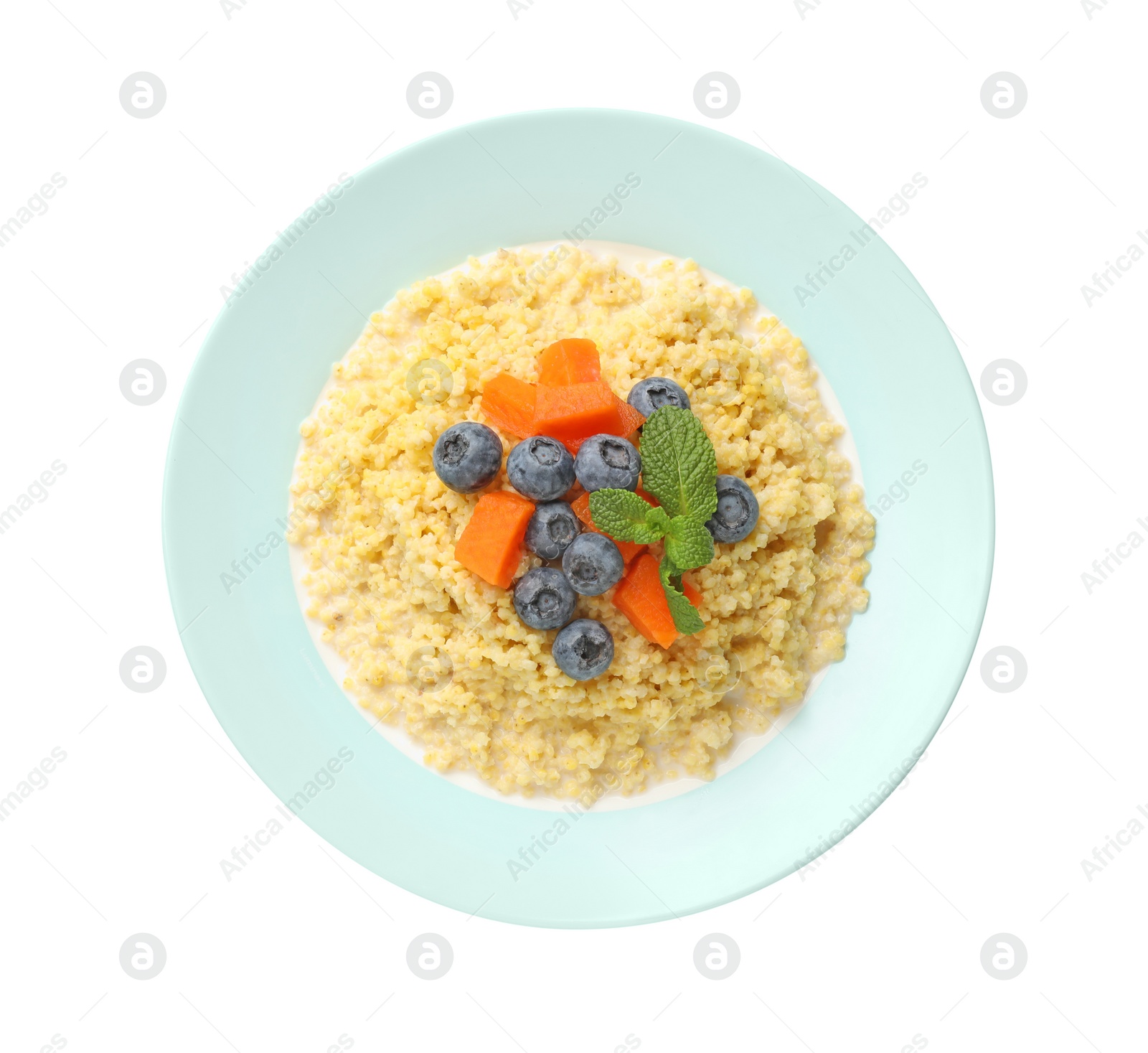 Photo of Plate with tasty millet porridge, blueberries, pumpkin and mint isolated on white, top view