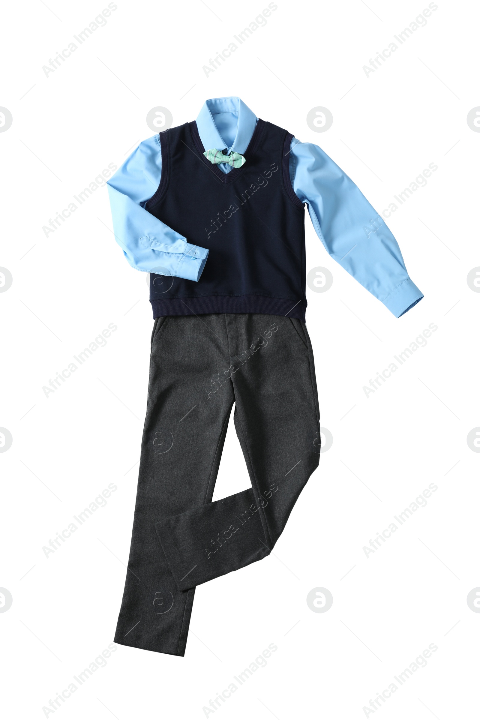 Photo of Stylish school uniform for boy on white background, top view