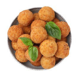 Bowl with delicious fried tofu balls and basil on white background, top view
