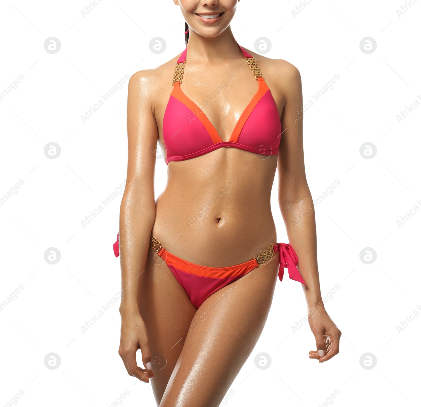 Photo of Sexy young woman in stylish swimsuit isolated on white, closeup. Beach body goal