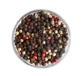 Photo of Bowl of mixed peppercorns isolated on white, top view