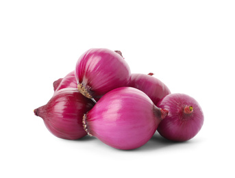 Photo of Fresh red onion bulbs isolated on white