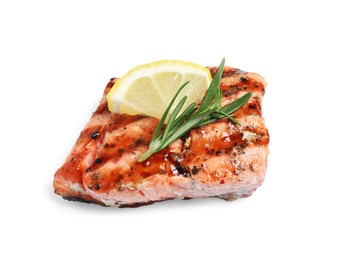 Photo of Tasty grilled salmon with rosemary and lemon on white background