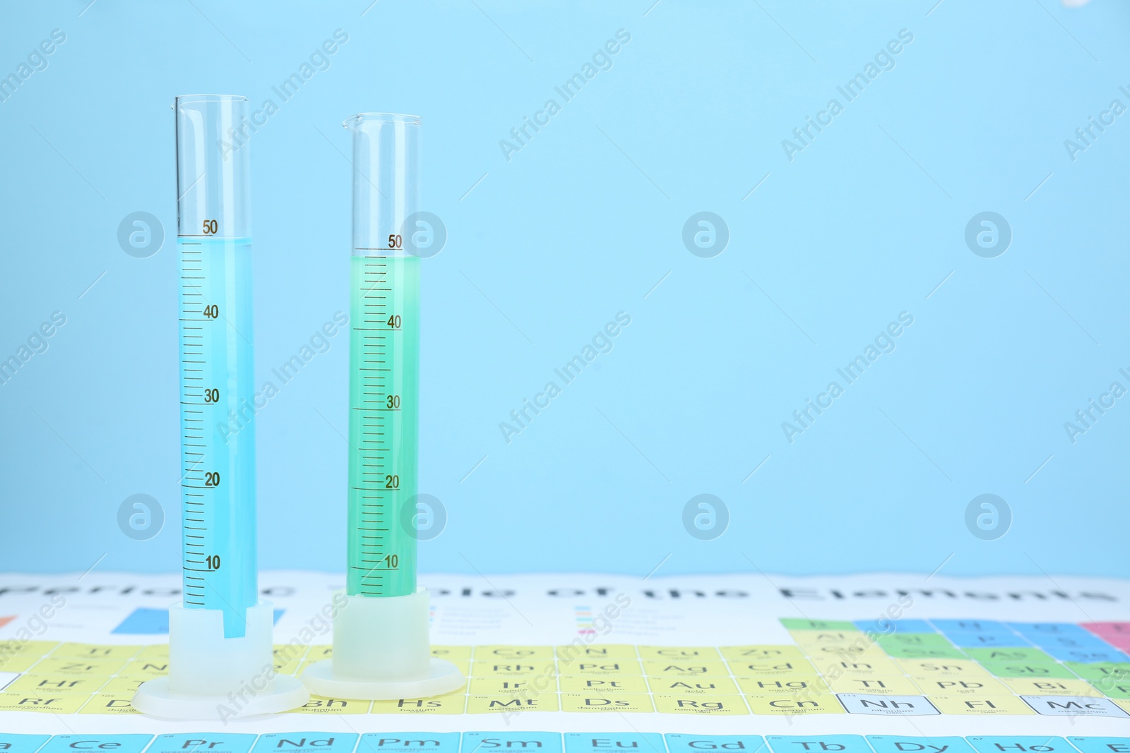 Photo of Graduated cylinders on periodic table of chemical elements, space for text