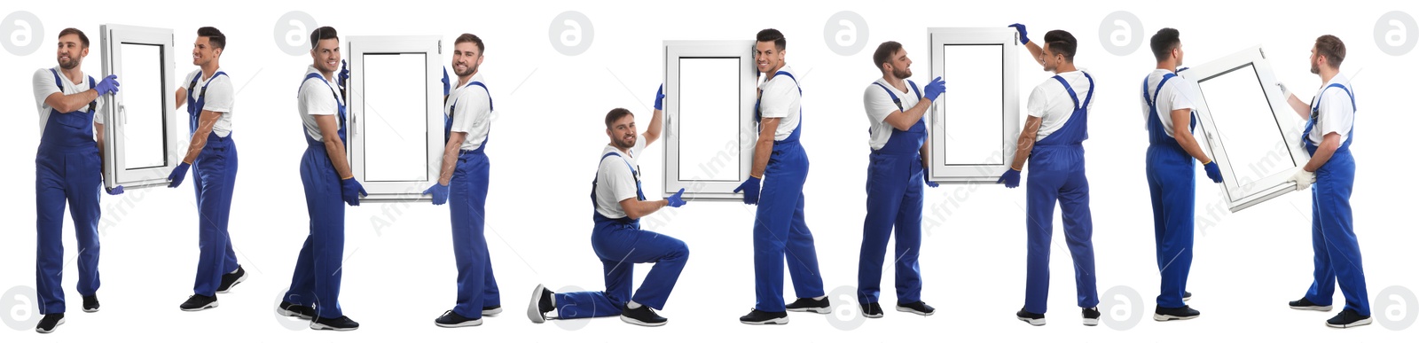 Image of Workers with plastic window on white background, collage. Installation service