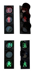 Image of Traffic signals with timer and pedestrian signal on white background. Collage design