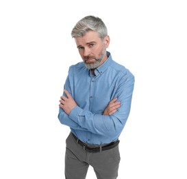 Mature businessman in stylish clothes posing on white background