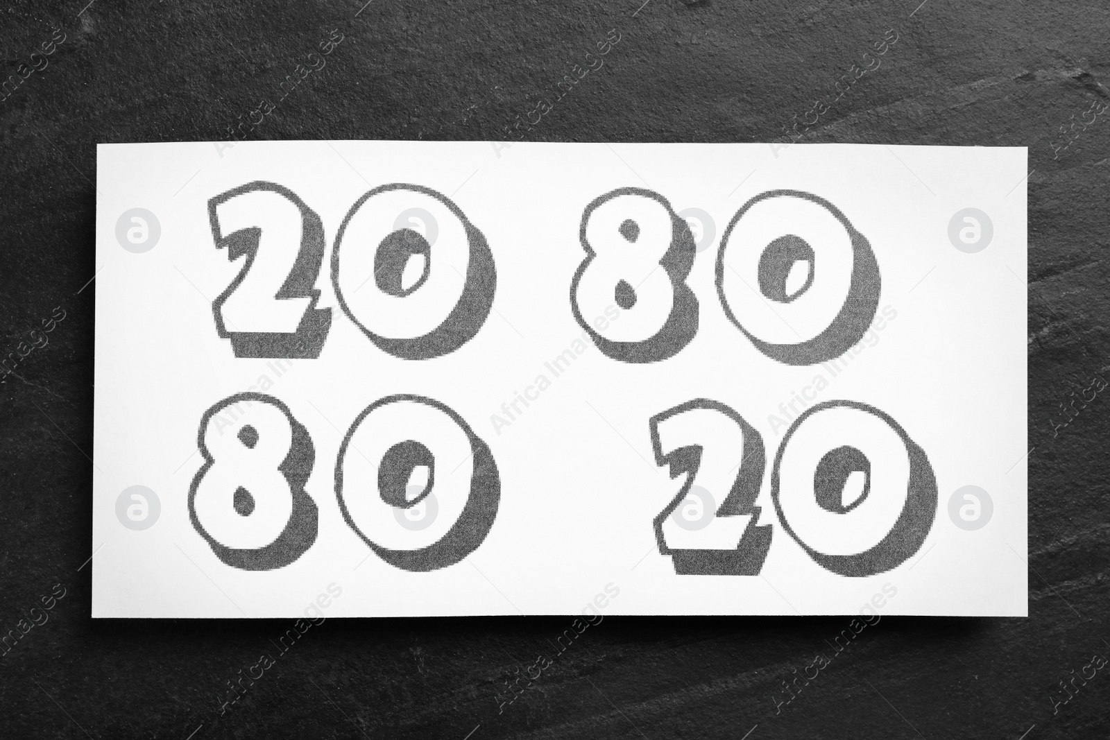 Photo of Sheet of paper with numbers 20 and 80 on black slate background, top view. Pareto principle concept