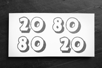 Photo of Sheet of paper with numbers 20 and 80 on black slate background, top view. Pareto principle concept