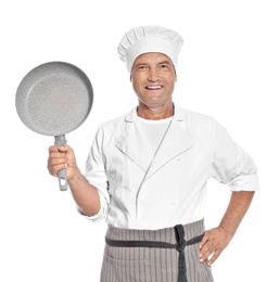 Mature male chef holding frying pan on white background