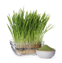 Photo of Potted fresh wheat grass and green powder in bowl isolated on white