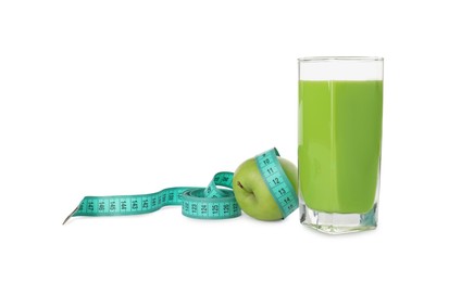 Photo of Tasty apple shake, fresh fruit and measuring tape isolated on white. Weight loss