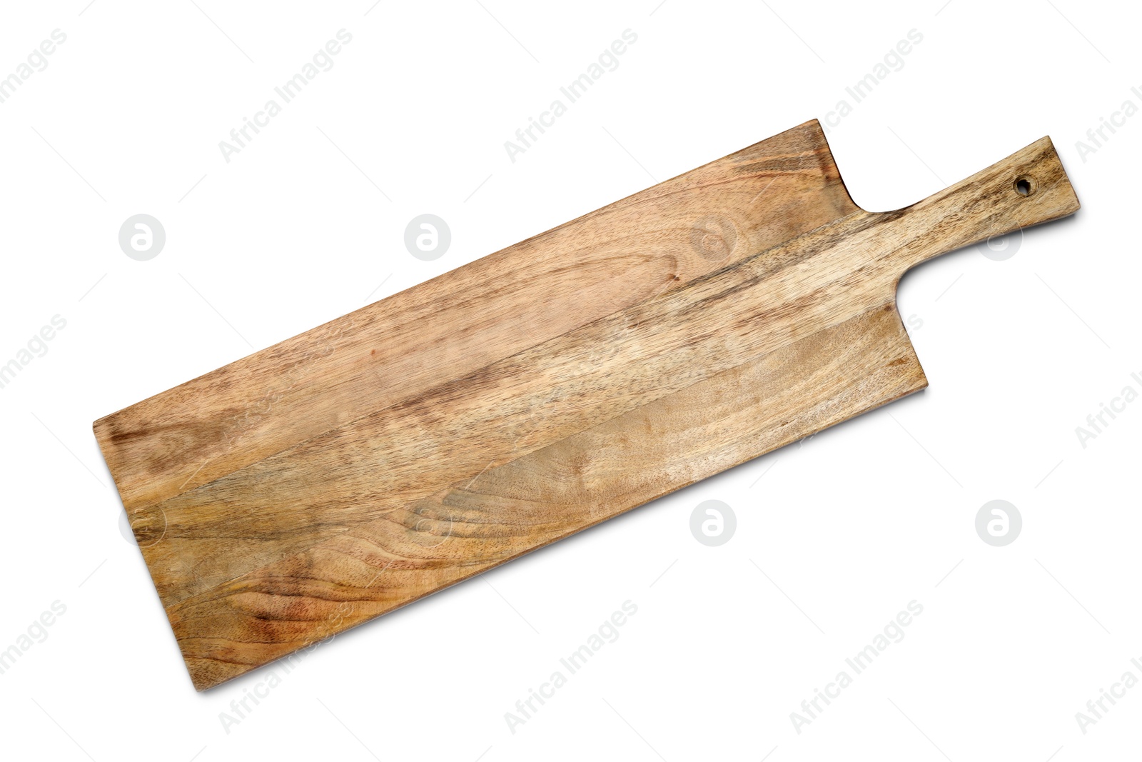 Photo of Empty wooden board isolated on white, top view