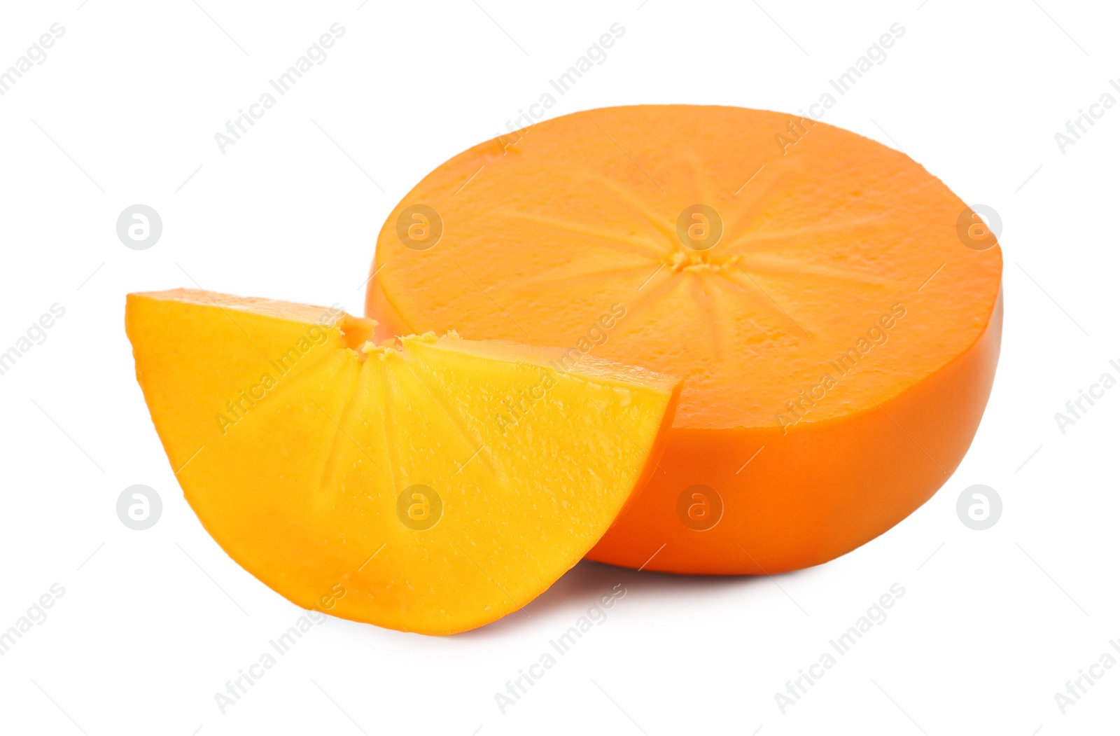 Photo of Pieces of delicious ripe juicy persimmons on white background