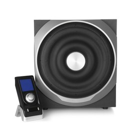 Photo of Modern subwoofer with remote on white background. Powerful audio speaker