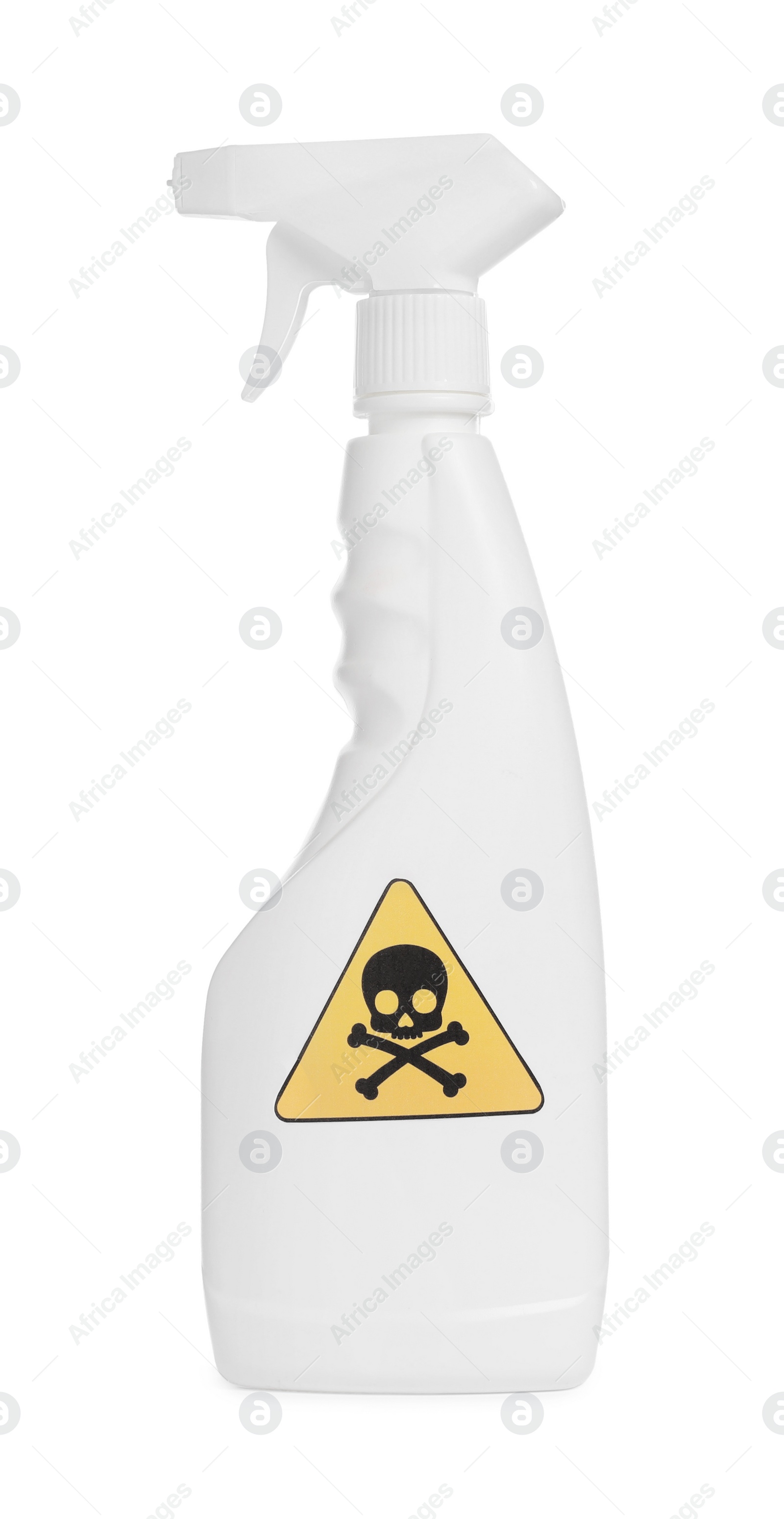 Photo of Bottle of toxic household chemical with warning sign isolated on white