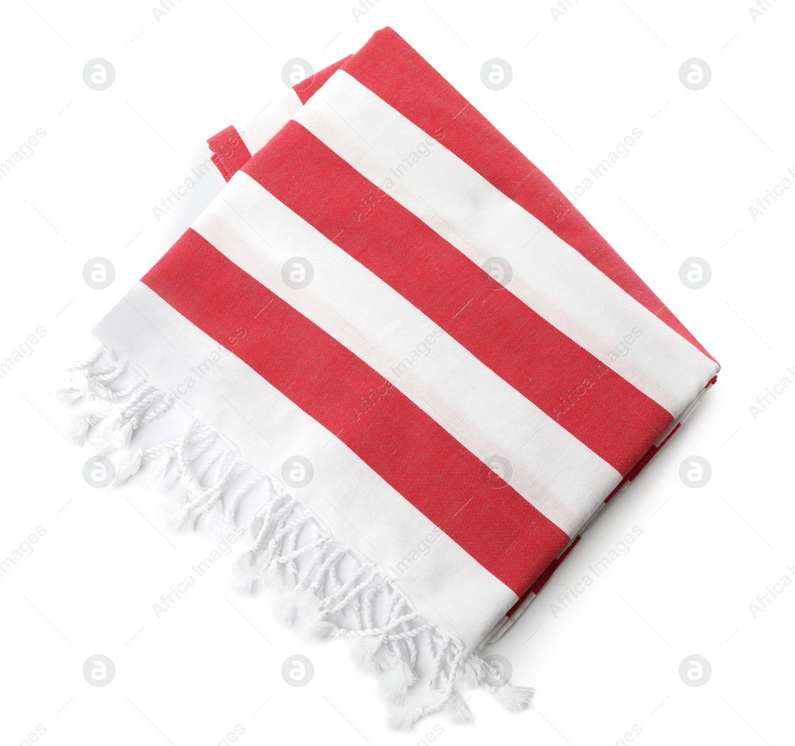 Photo of Folded striped beach towel isolated on white, top view