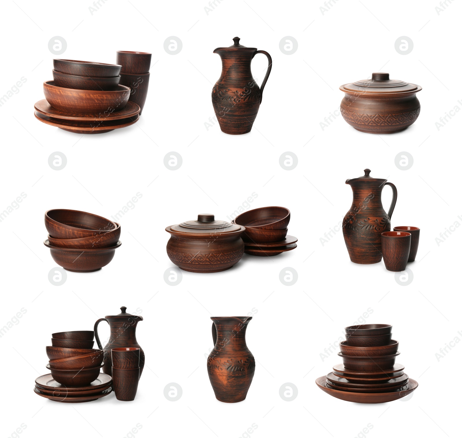 Image of Set with clay dishes on white background