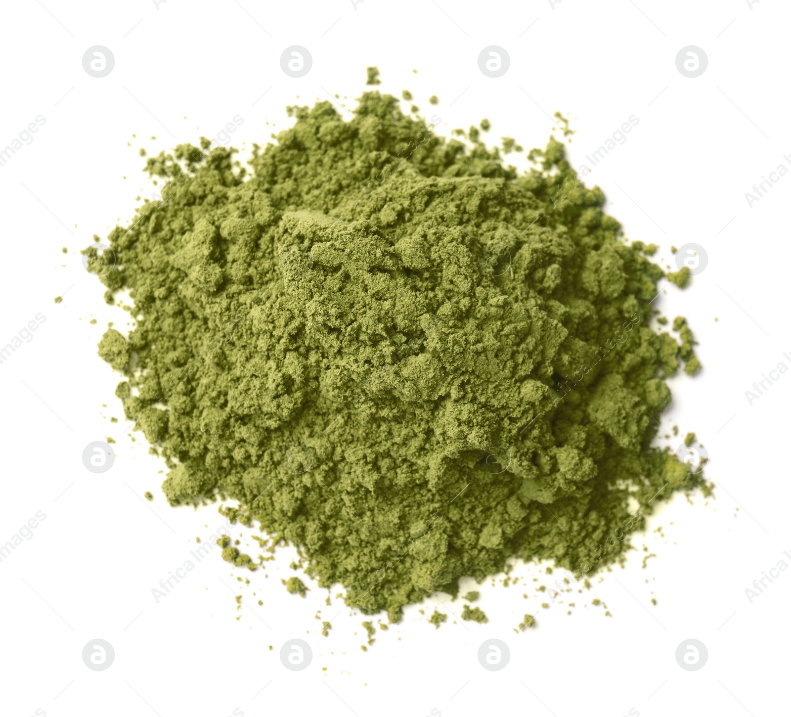 Photo of Heap of henna powder isolated on white, top view