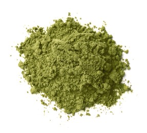 Photo of Heap of henna powder isolated on white, top view