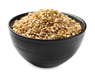 Photo of Dry pearl barley in bowl isolated on white