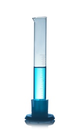 Photo of Graduated cylinder with liquid on table against color background. Laboratory analysis