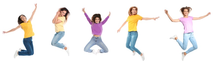 Image of Women jumping on white background, collage with photos
