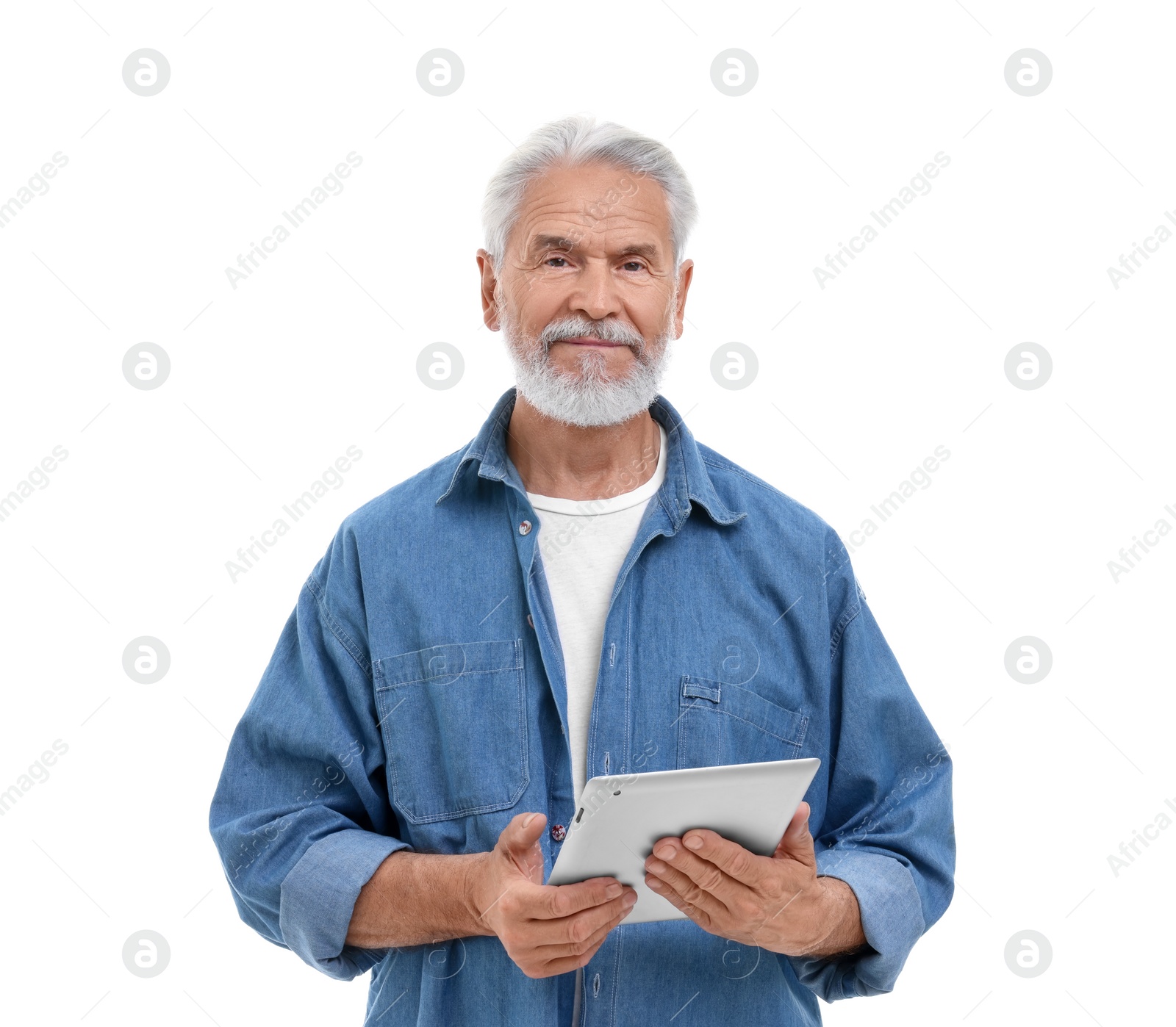 Photo of Senior man with tablet on white background