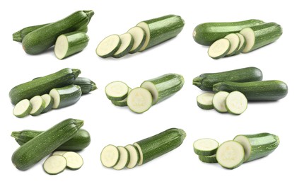 Image of Set of fresh ripe zucchinis on white background