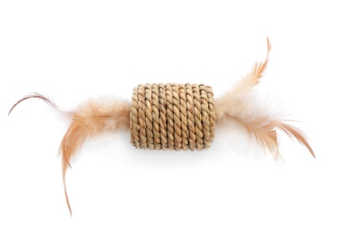 Photo of Straw toy with feathers for cat on white background, top view. Pet accessory