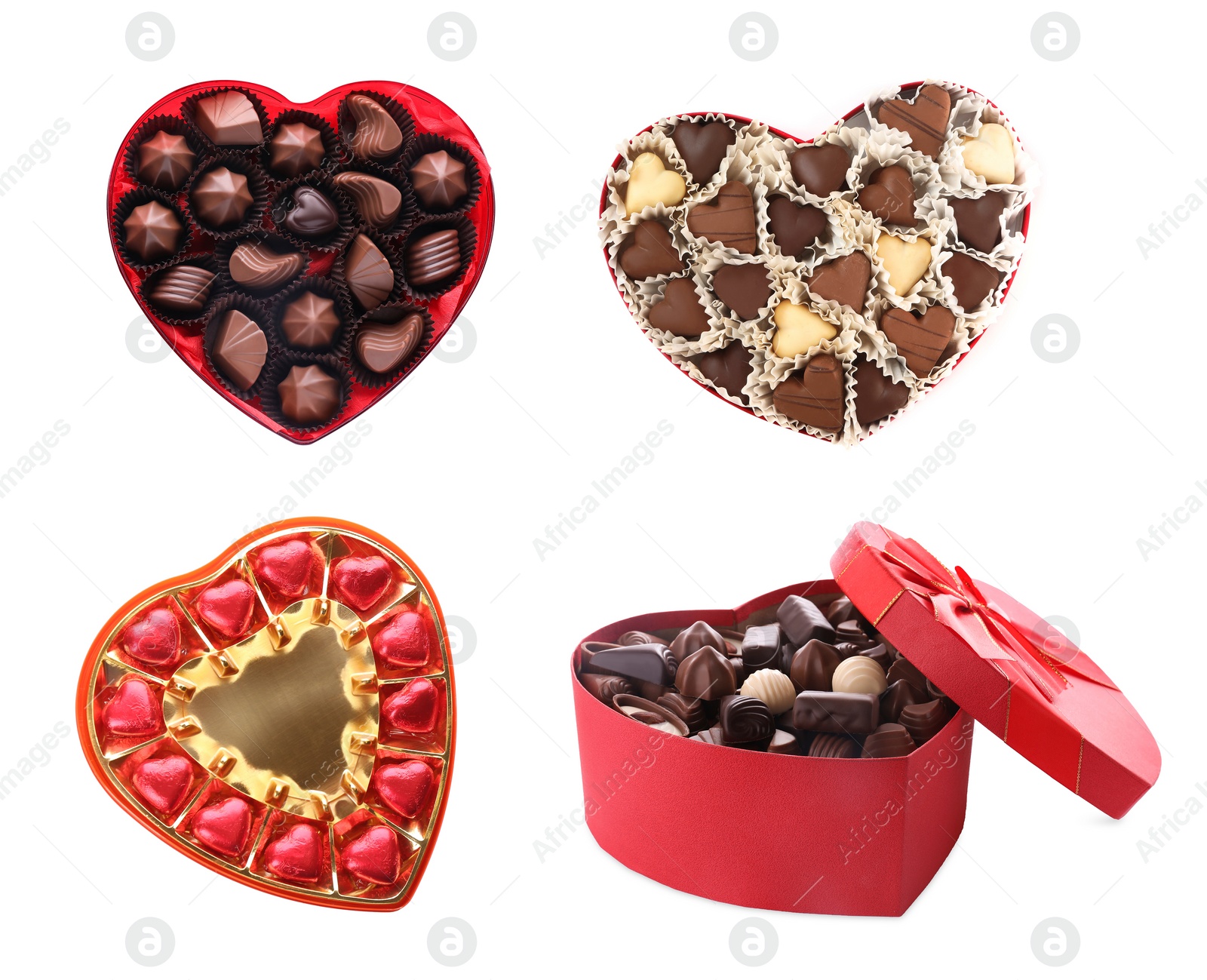 Image of Many heart shaped boxes with tasty chocolate candies on white background, collage design