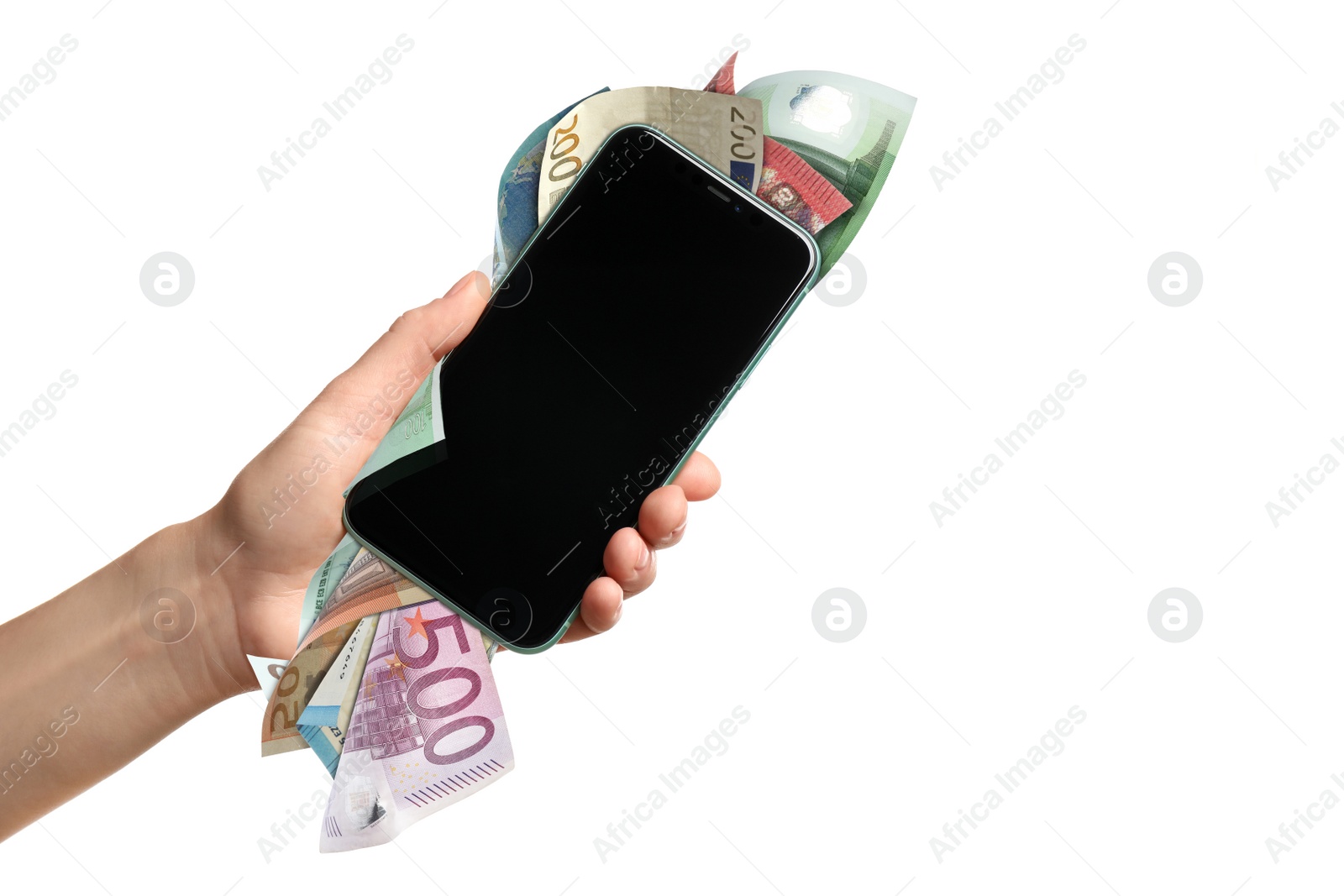 Image of Woman holding smartphone with euro banknotes on white background