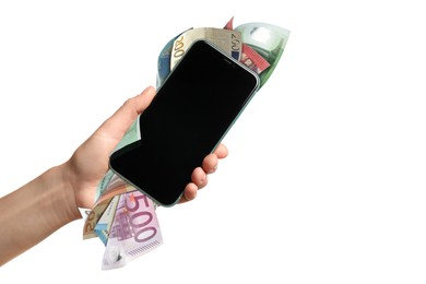 Image of Woman holding smartphone with euro banknotes on white background