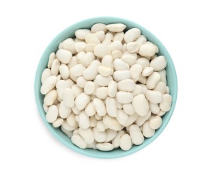 Bowl of uncooked navy beans isolated on white, top view