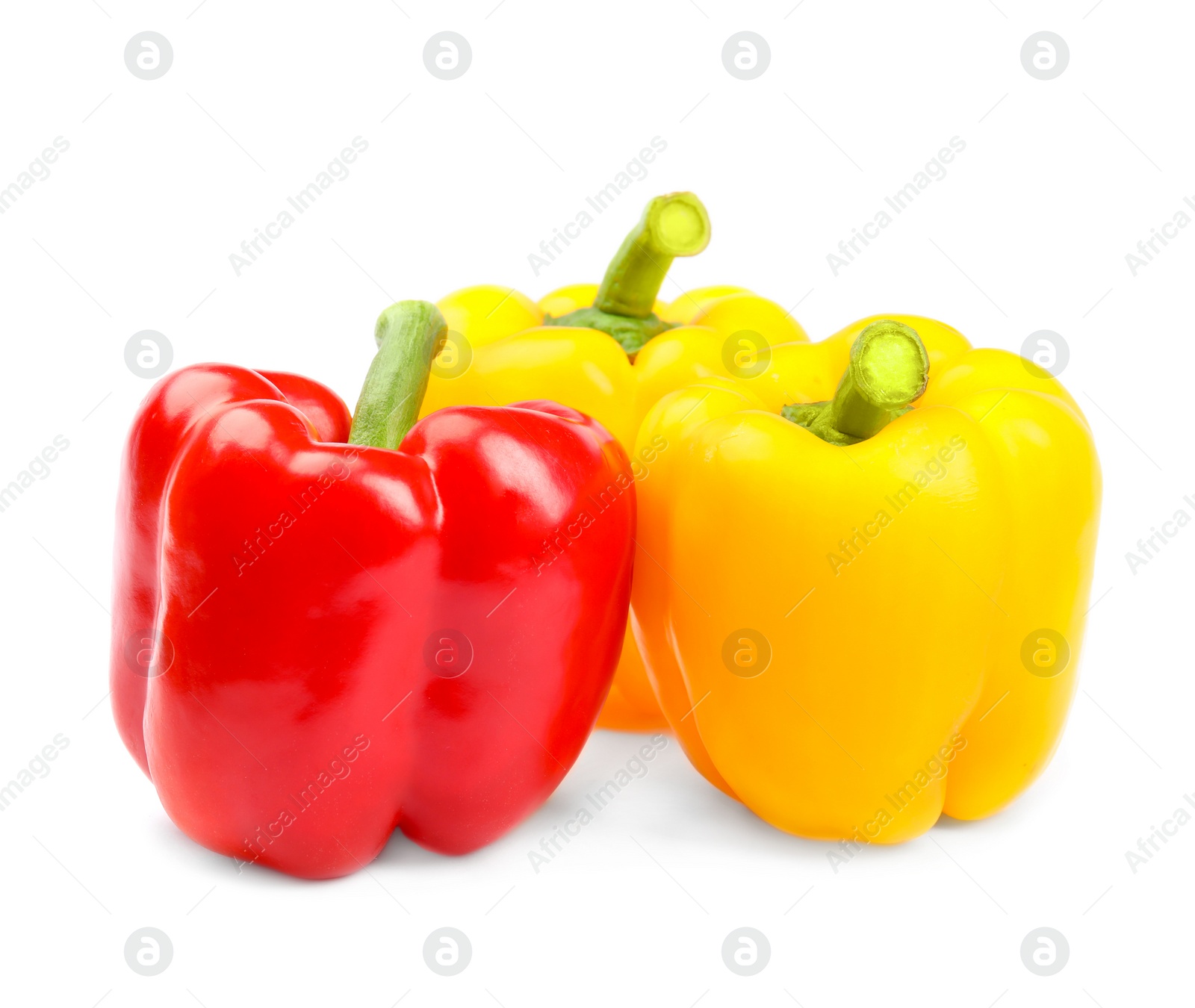 Photo of Fresh ripe bell peppers on white background