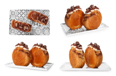 Image of Collection of round croissants isolated on white, top and side views. Puff pastry