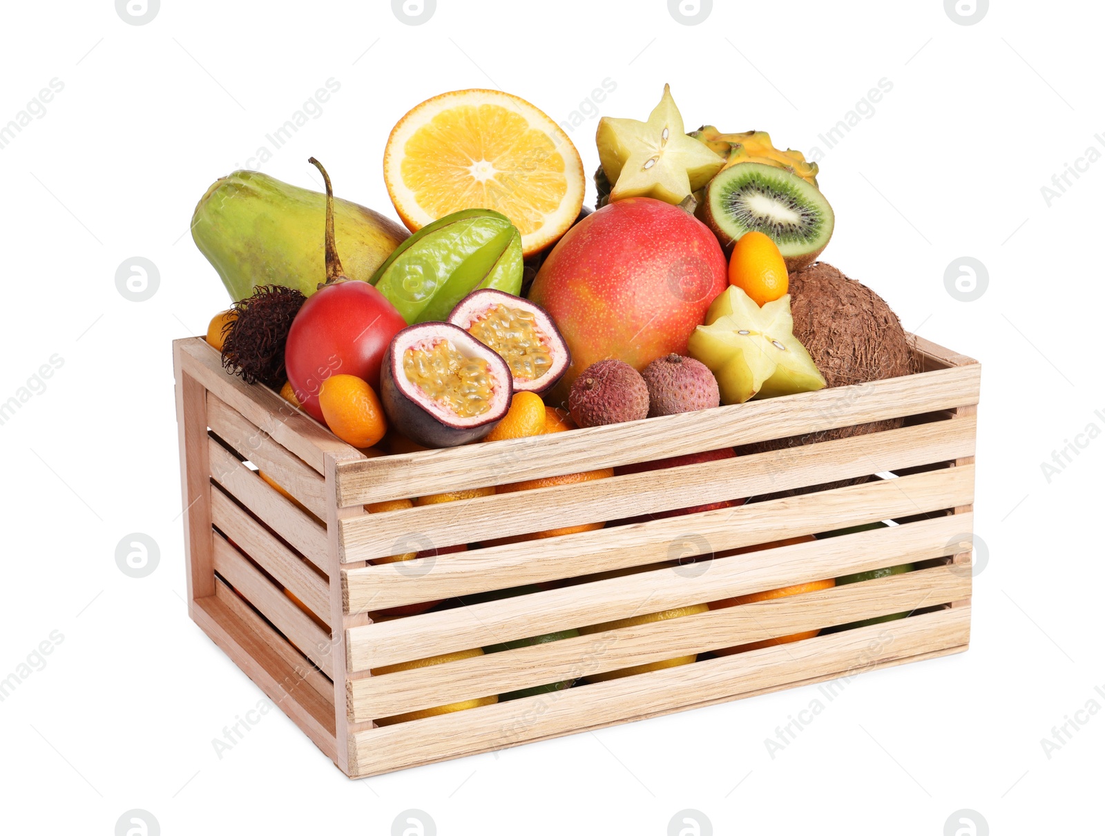 Photo of Wooden crate with different exotic fruits on white background