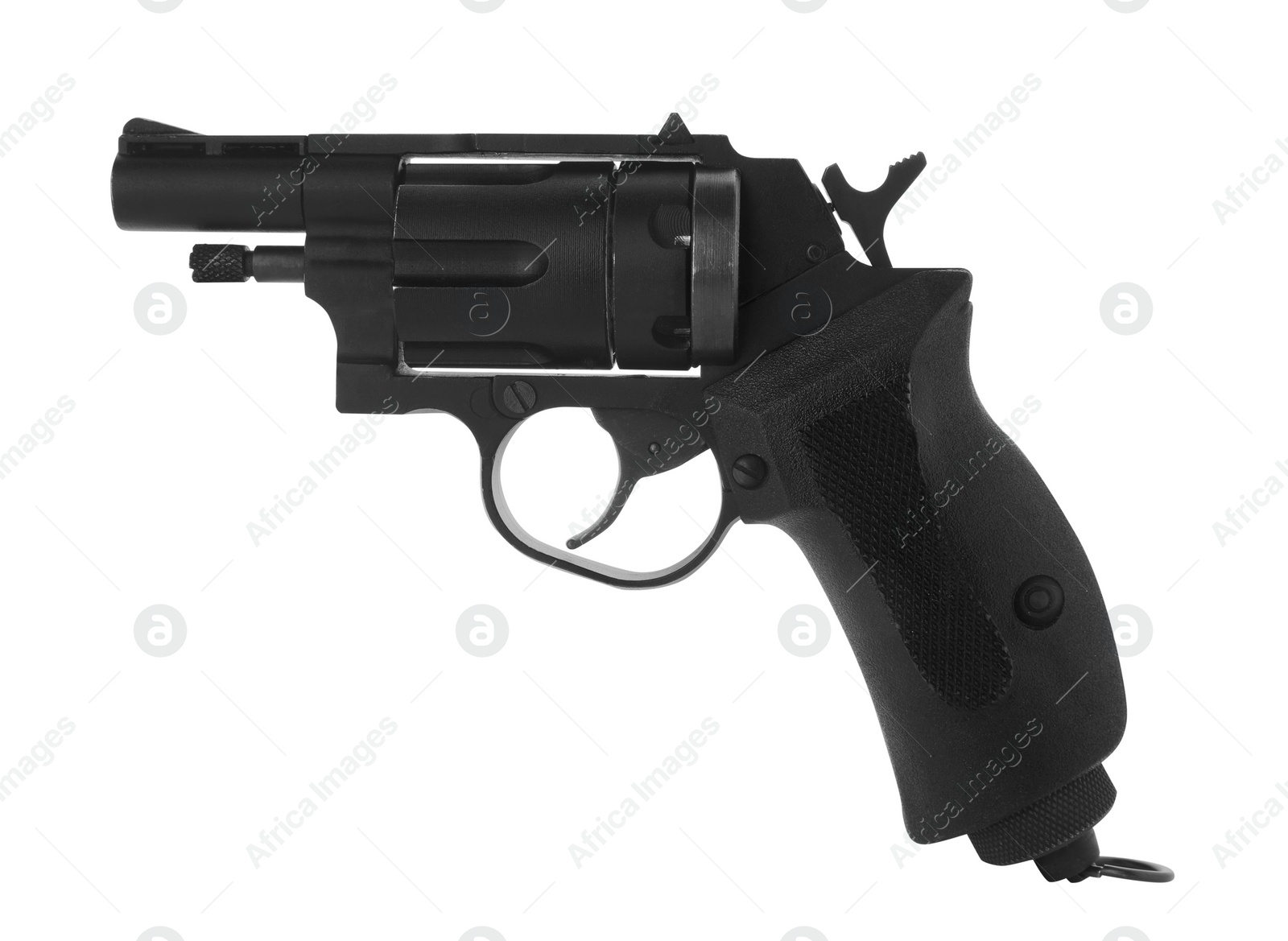 Photo of Black gun isolated on white. Modern weapon