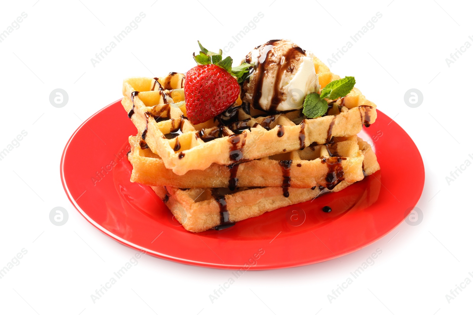 Photo of Plate with yummy waffles and ice cream on white background