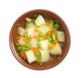 Photo of Bowl of fresh homemade vegetable soup on white background, top view