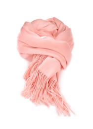 Photo of Warm scarf isolated on white. Stylish accessory