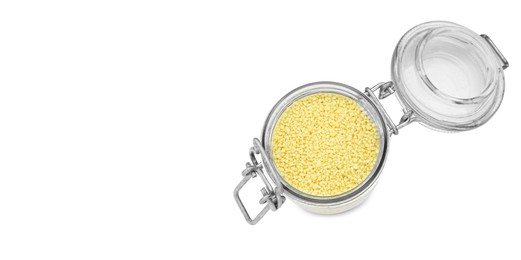 Image of Raw couscous in glass jar on white background, top view. Banner design