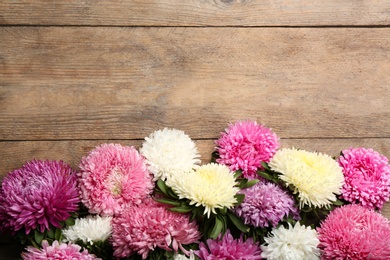 Beautiful asters and space for text on wooden background, flat lay. Autumn flowers