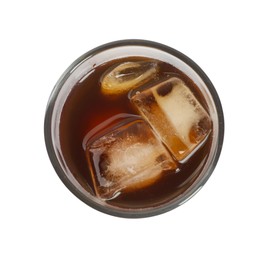 Photo of Iced coffee in glass isolated on white, top view