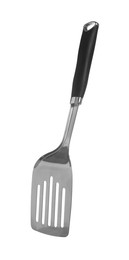 Photo of One metal spatula with black handle isolated on white