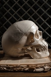 Photo of Human skull and old book on wooden table