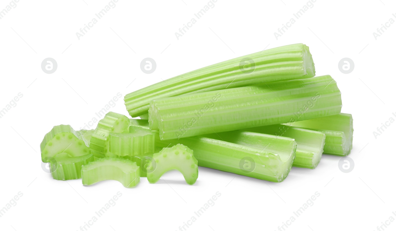 Photo of Fresh green cut celery isolated on white