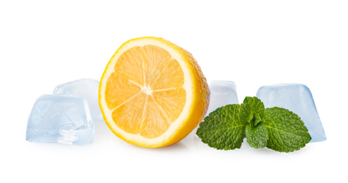 Photo of Ice cubes, mint and lemon on white background