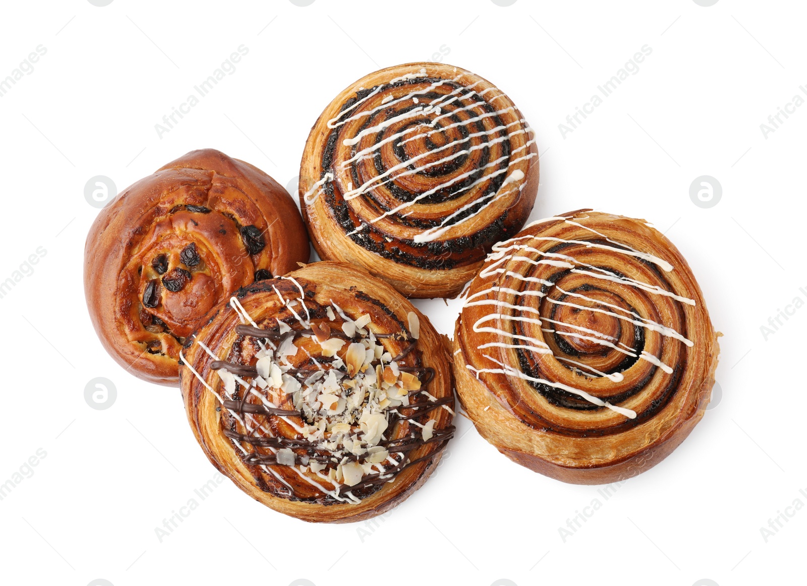 Photo of Different delicious rolls isolated on white, top view. Sweet buns